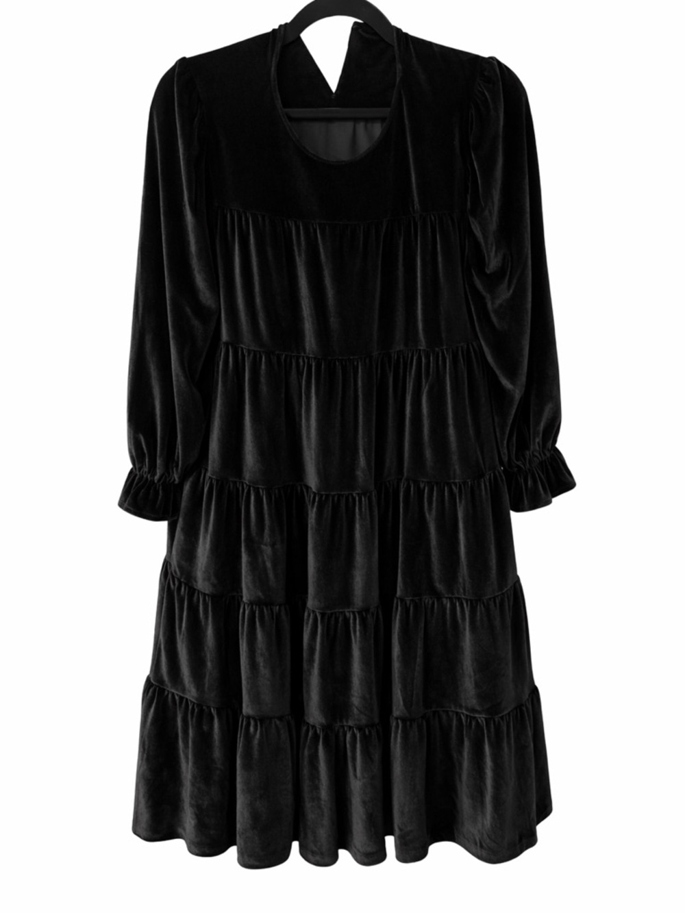 XL Black Velvet Tiered Long-Sleeve Dress